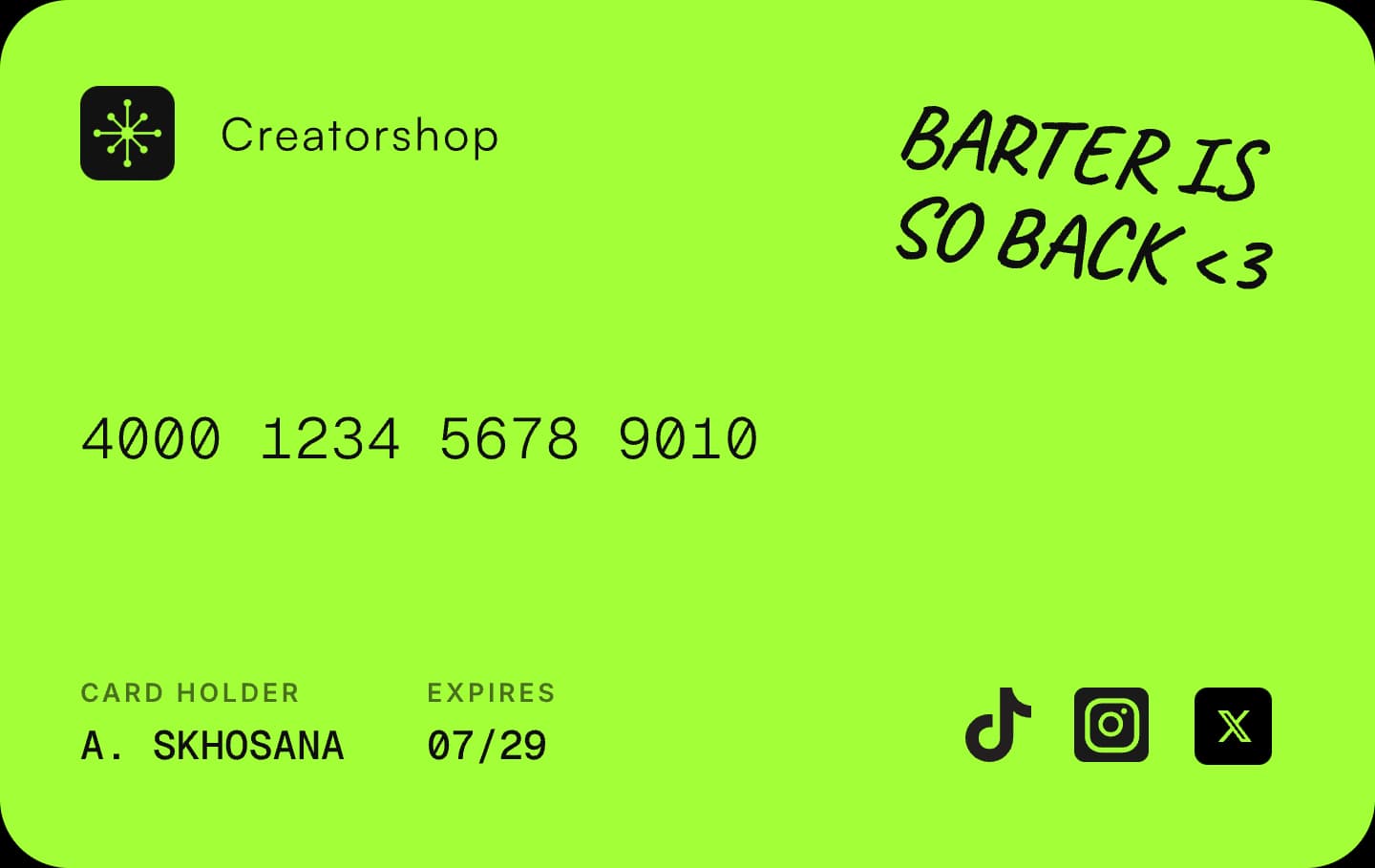 Creatorshop social capital card — 4000 1234 5678 9010, A. Skhosana, expires 07/29