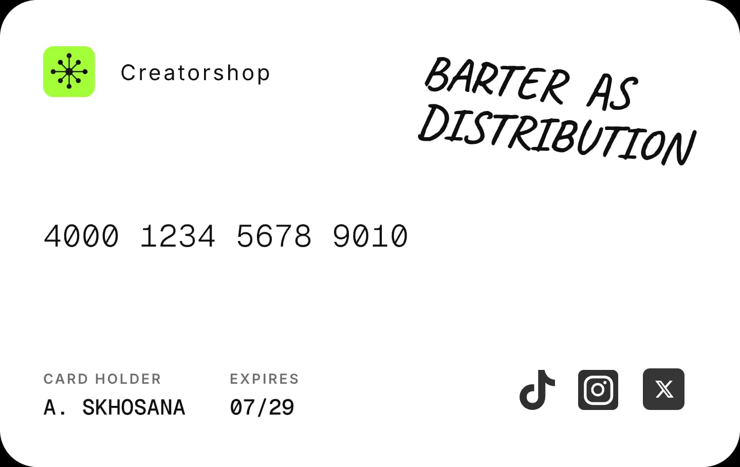Creatorshop brand card — 4000 1234 5678 9010, A. Skhosana, expires 07/29